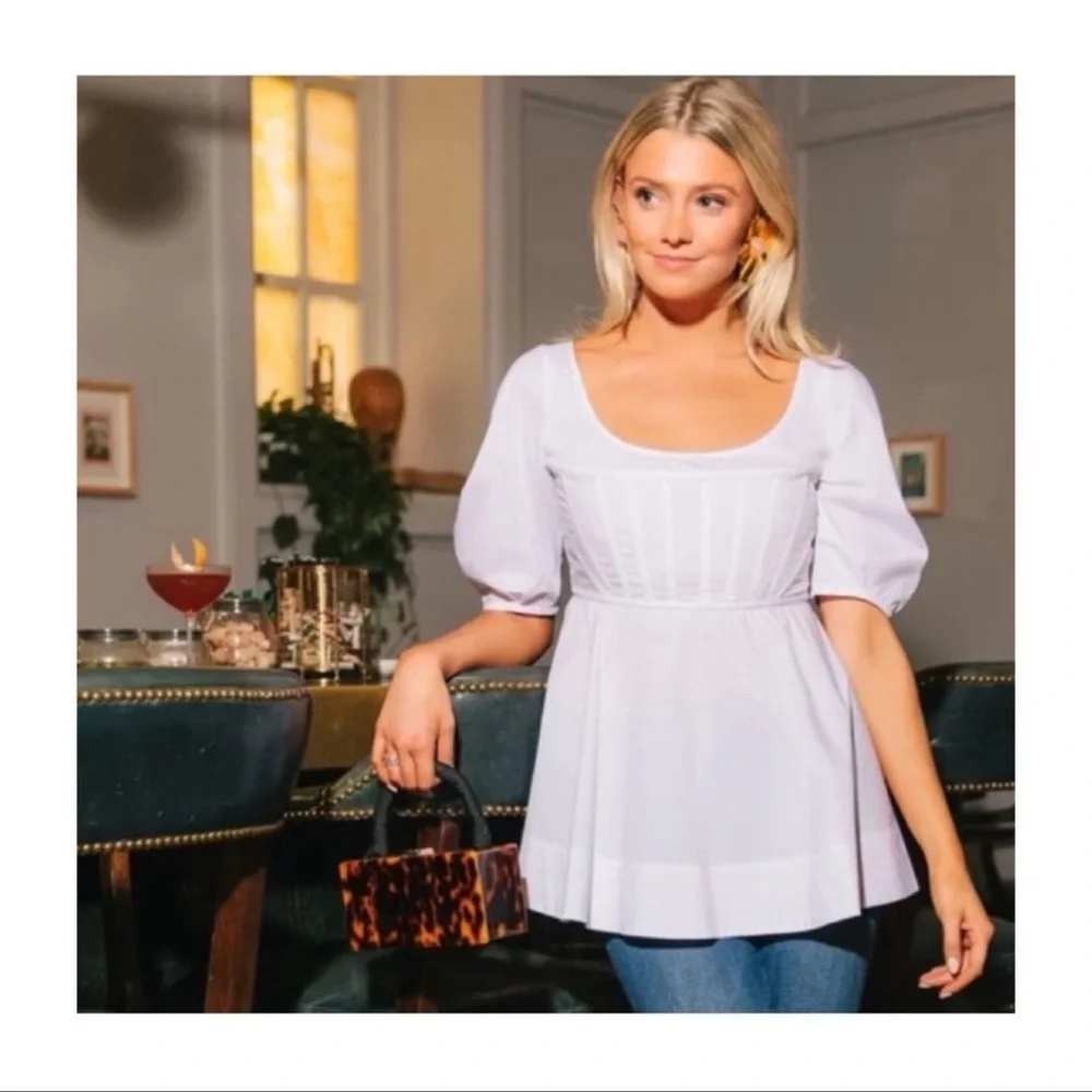 Tuckernuck Nealy Blouse White Cotton Corset Bodice Puff Sleeve Peplum Top Size M